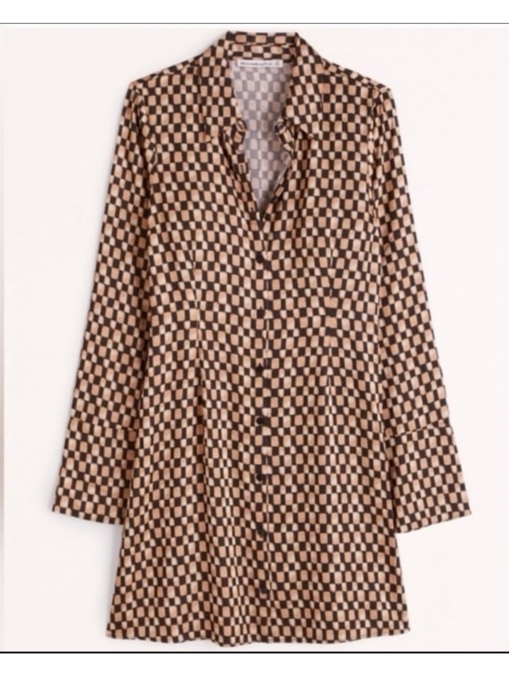 Abercrombie & Fitch Tan and Brown Check satin Long Sleeve Shirt Dress,large tall